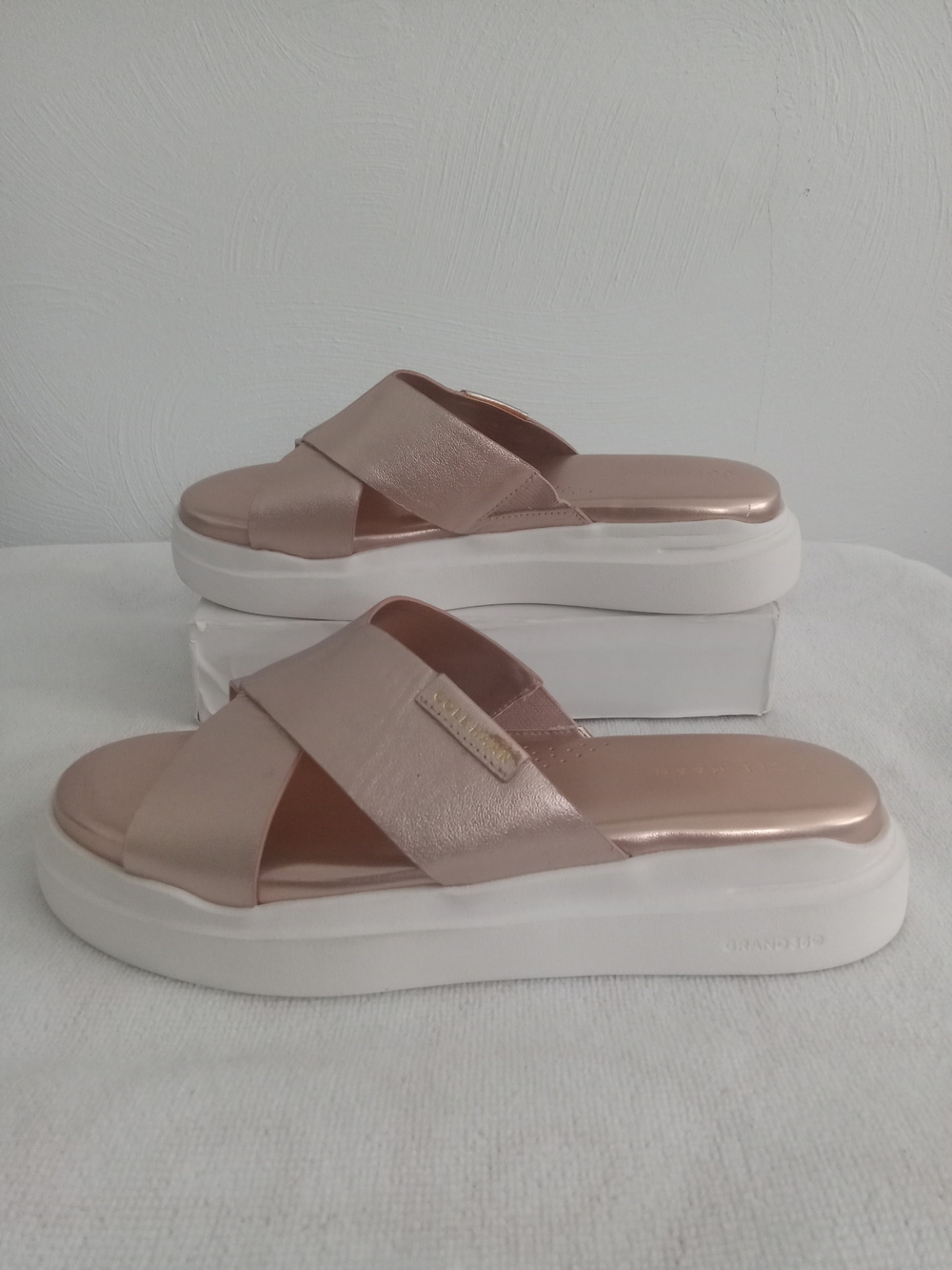 Cole Haan Grandpro Rally Rose Gold Slide Sandals with White Platform Sz 6.5